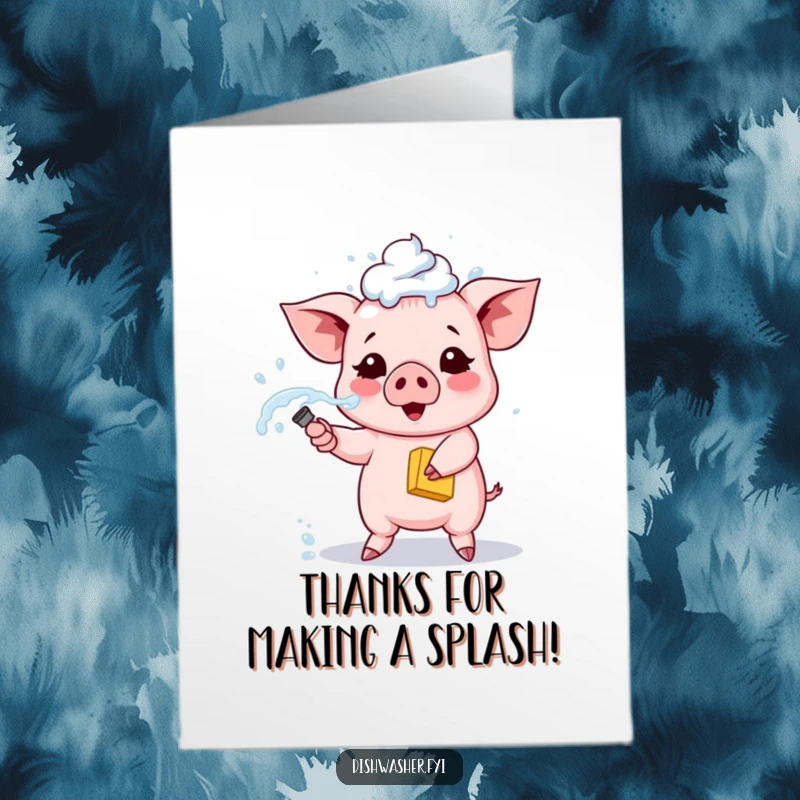 Funny Free Printable Thank You Card: A cheerful piglet sprays soapy water from a sponge, embodying enthusiastic gratitude.