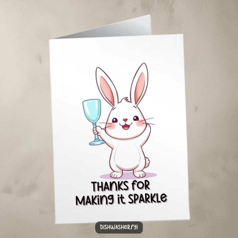 Funny Free Printable Thank You Card: A perky rabbit holding a sparkling clean glass, expressing thanks with humor, downloadable gift.