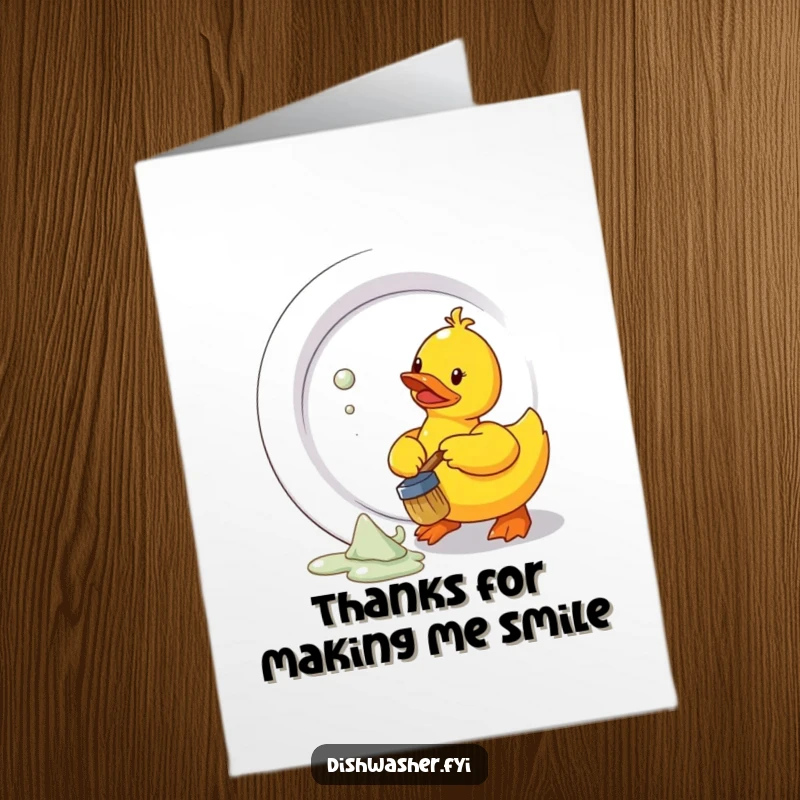 Funny Free Printable Thank You Card: Rubber duck expressing thanks by scrubbing a giant plate with immense effort.