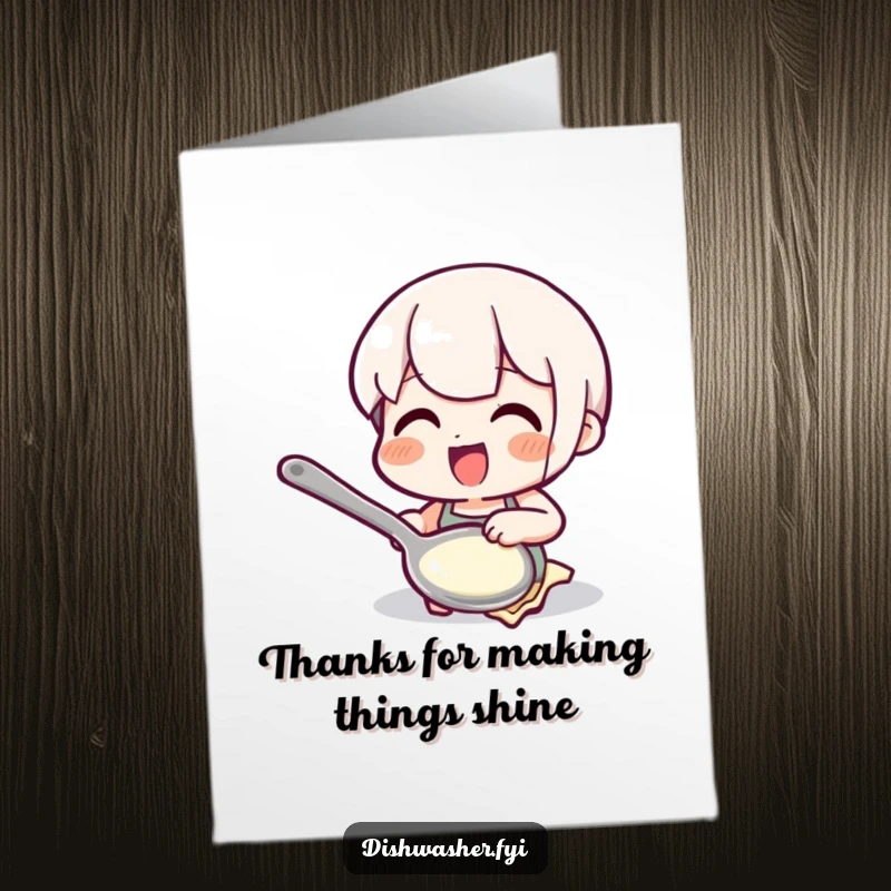 Funny Free Printable Thank You Card with a delighted character polishing a spoon until it shines, expressing thanks.