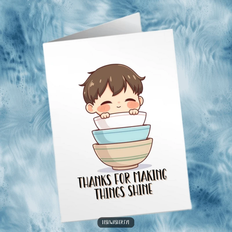 Funny Free Printable Bowl Stacker Thank You Card: Content character admires stacked bowls, neat gratitude, downloadable DIY gift.