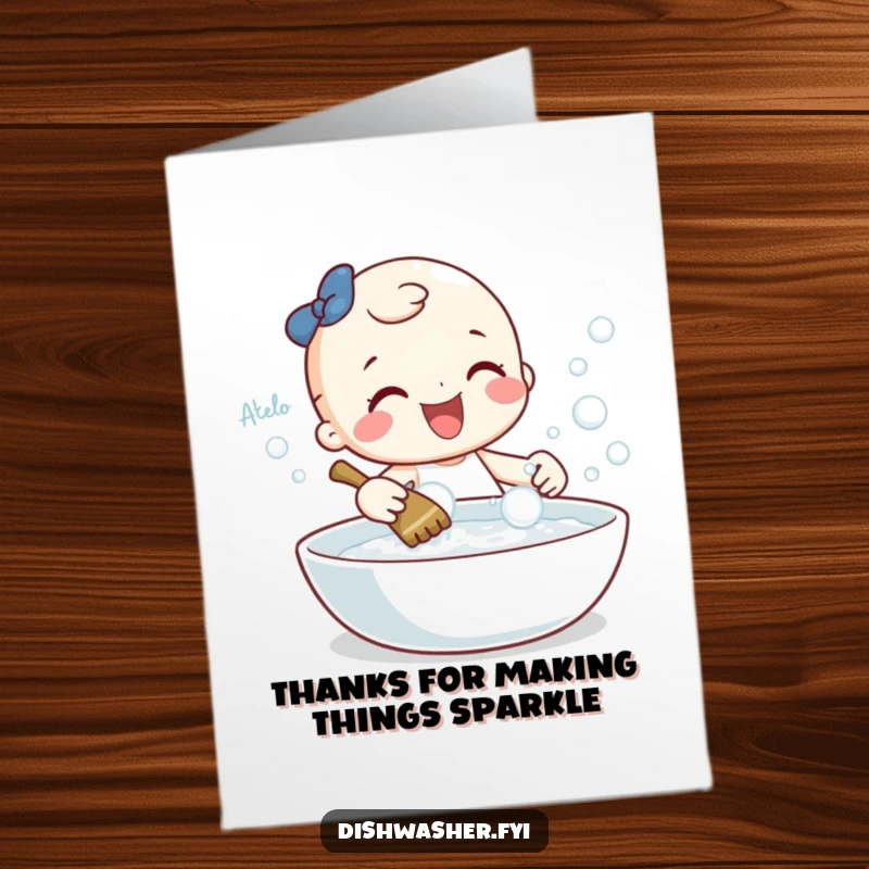 Funny free printable thank you card of a cheerful character gleefully scrubbing a sparkling dish with bubbles, a shining thanks.