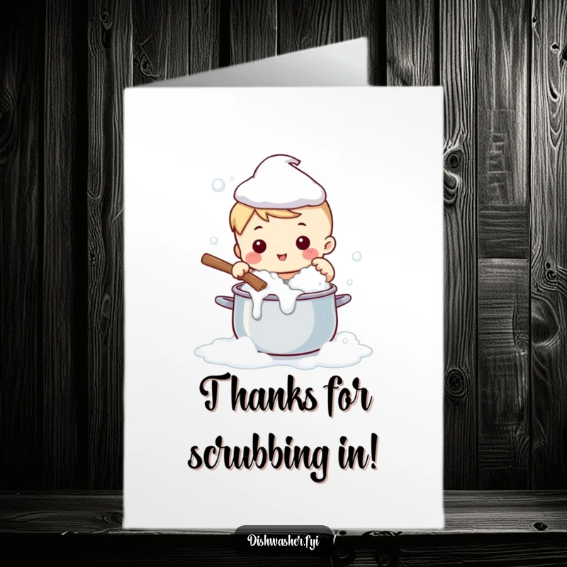Funny Free Printable Thank You Card with a cute character happily scrubbing a giant, sudsy pot.