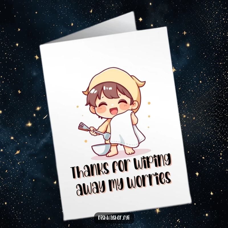Funny Free Printable Thank You Card: Character happily drying dishes, a fluffy towel showing off gratitude and good cheer.