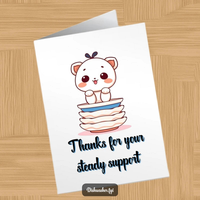 Funny Free Printable Thank You Card: A character precisely stacks clean plates, showing organized thanks for your help.