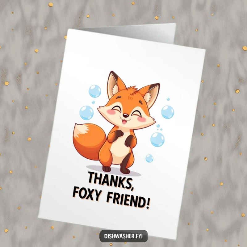 Funny free printable thank you card featuring a mischievous fox character juggling soap bubbles with a playful and gleeful expression.