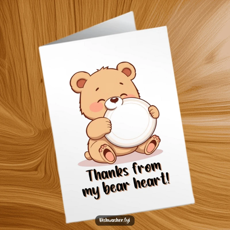 Funny Free Printable Thank You Card featuring a bear cub gleefully polishing a shiny plate, offering a polished and charming way to express thanks.