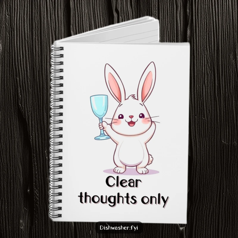 Funny notebook with a perky rabbit triumphantly holding a sparkling clean glass, perfect for jotting down bright ideas.