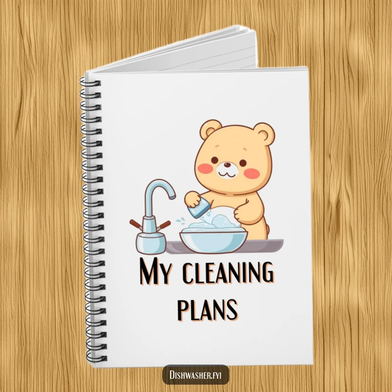 Funny Notebook featuring a cheerful bear washing dishes with a bubbly, happy expression, inspiring clean thoughts and cheerful note-taking.