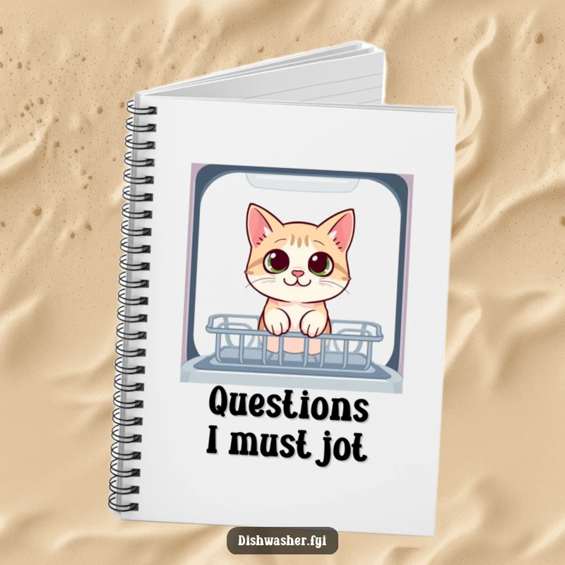 Funny cat notebook with a curious cat peeking into the dishwasher with wide eyes, perfect for jotting down secret observations and ideas.