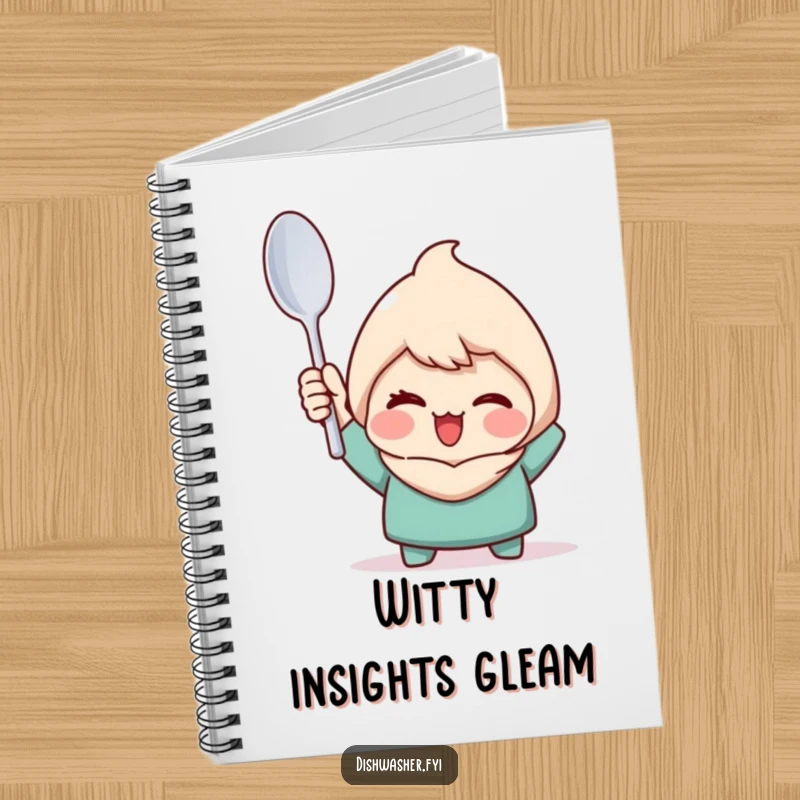 Funny notebook featuring a character triumphantly holding a perfectly clean spoon with a wink, perfect for jotting down achievements.