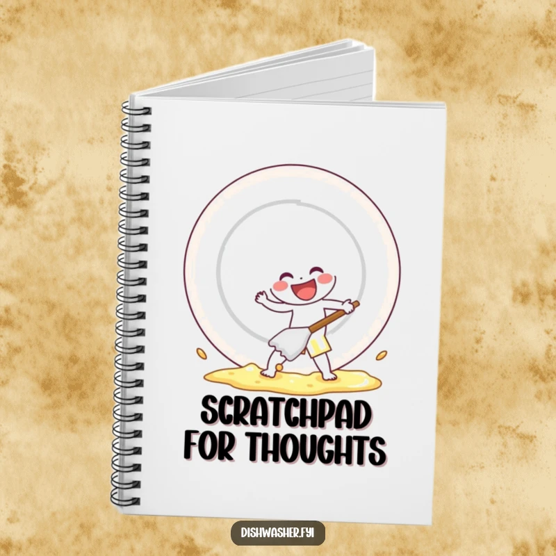 Funny notebook featuring a cheerful character scrubbing a plate with gusto, perfect for writing and organizing with humor.