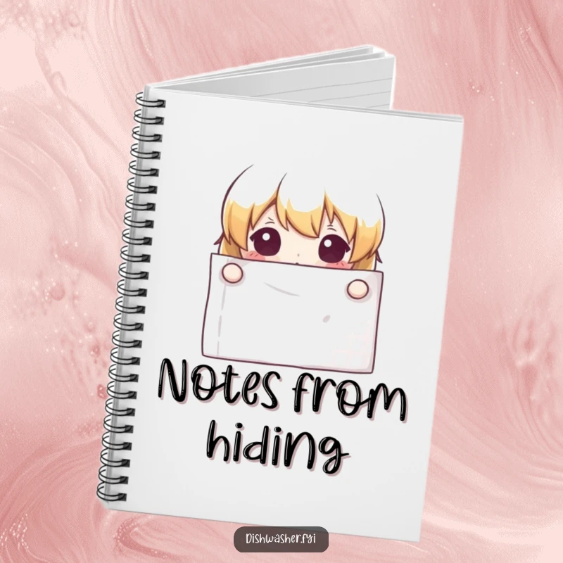 Funny curious character peeking from behind a clean napkin on the cover of a notebook for creative writing.