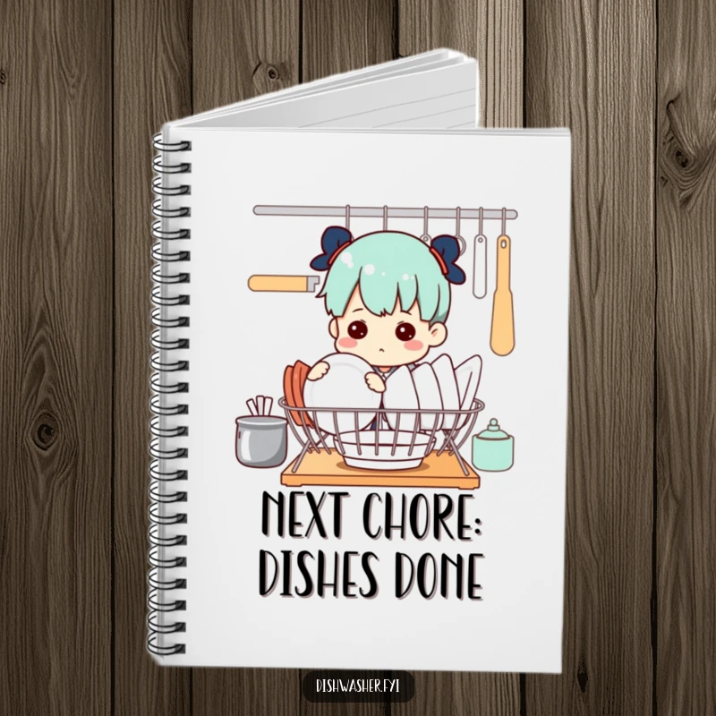 Funny notebook cover featuring a determined character diligently arranging dishes in a drying rack, symbolizing organized thinking.
