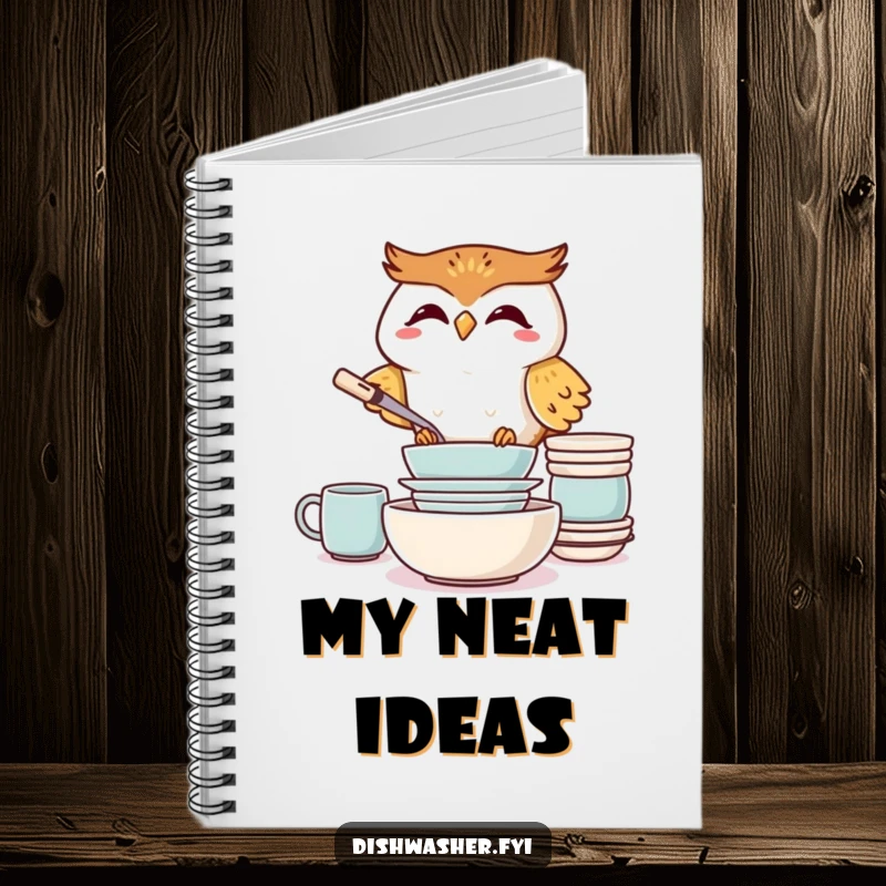 Funny Giggling Owl Notebook, featuring a joyful owl meticulously stacking clean dishes, perfect for journaling and humor.