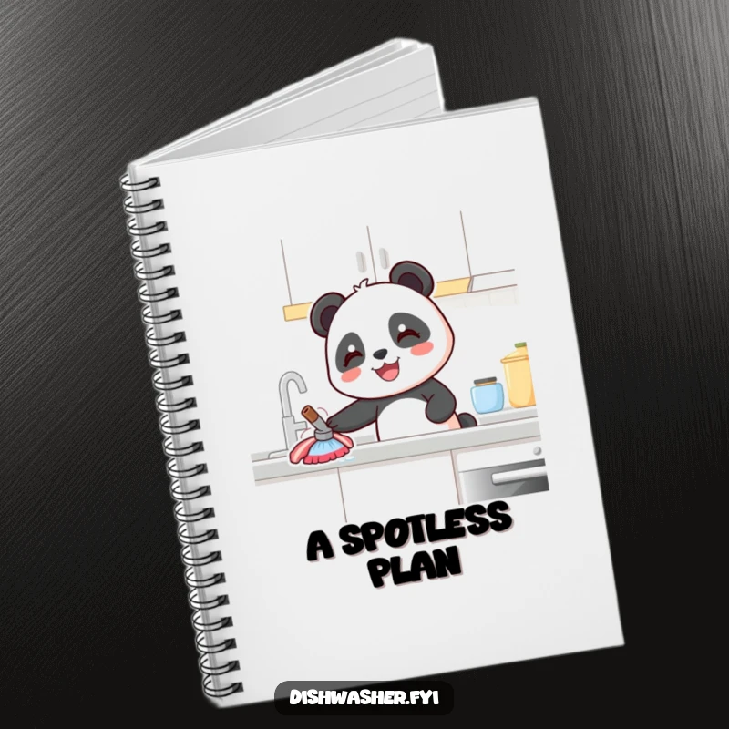 Funny Panda Notebook: A joyful panda character wipes a kitchen counter on the cover, perfect for note-taking and journaling.