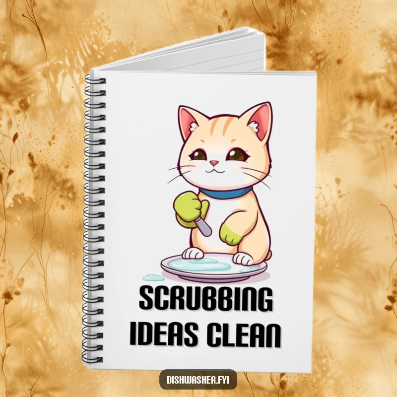 Funny notebook with a cat wearing a rubber glove, scrubbing a plate clean, perfect for organized note-taking.