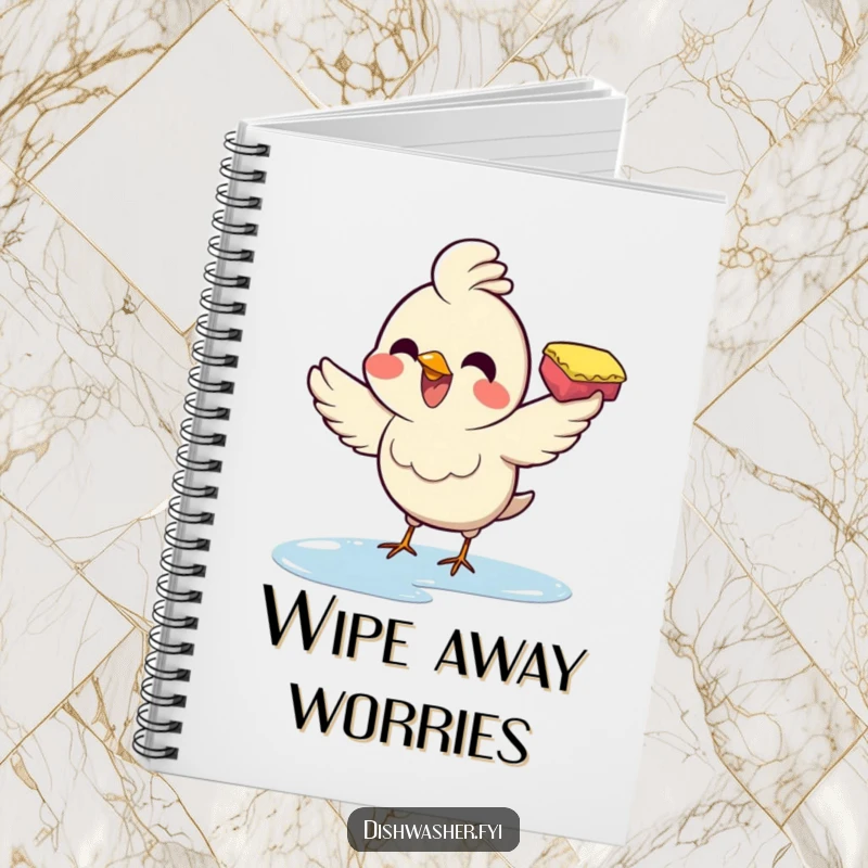 Funny notebook with a joyful bird enthusiastically wiping a surface with a sponge, perfect for jotting down energetic ideas.