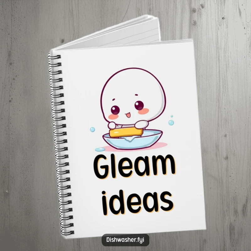 Funny notebook with a design of a playful character using a squeegee to make a dish gleam, inspiring bright ideas.