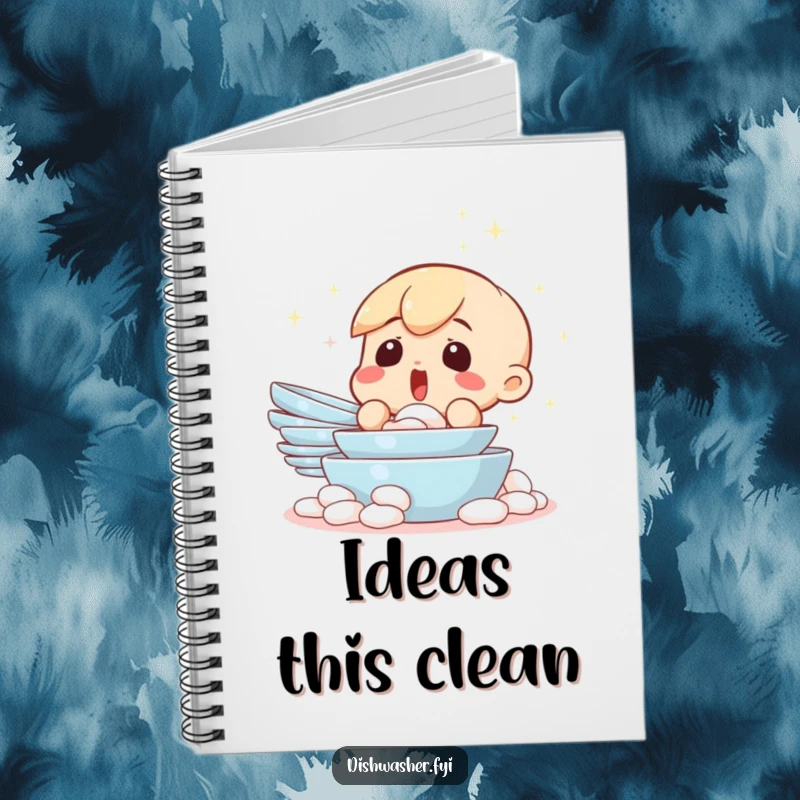 Funny notebook cover with a surprised character marveling at a sparkling clean pile of dishes. Perfect for notes, lists, or journaling with a humorous twist.