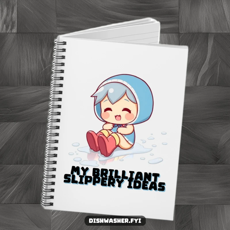 Funny notebook cover featuring a playful character sliding across a wet floor in rubber boots, symbolizing spontaneous fun.