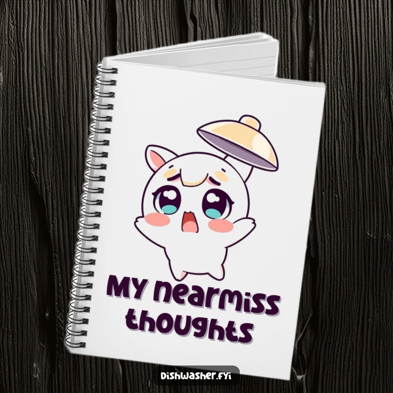 Funny character with wide eyes dodging a flying dish on a notebook cover, perfect for quick notes and reactions.