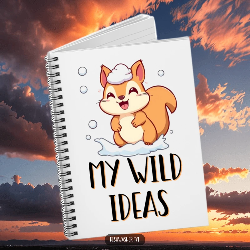 Funny playful squirrel character chasing soap suds on a notebook cover, inspiring energetic notes, charming funny gift.