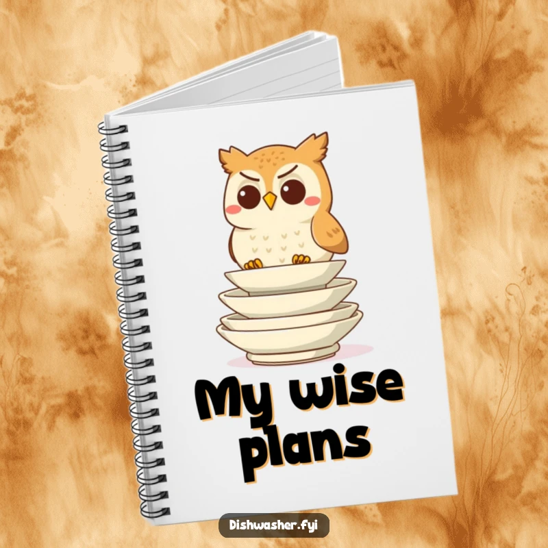 Funny determined owl character stacking plates on a notebook cover, inspiring organized notes and planning, charming funny gift.