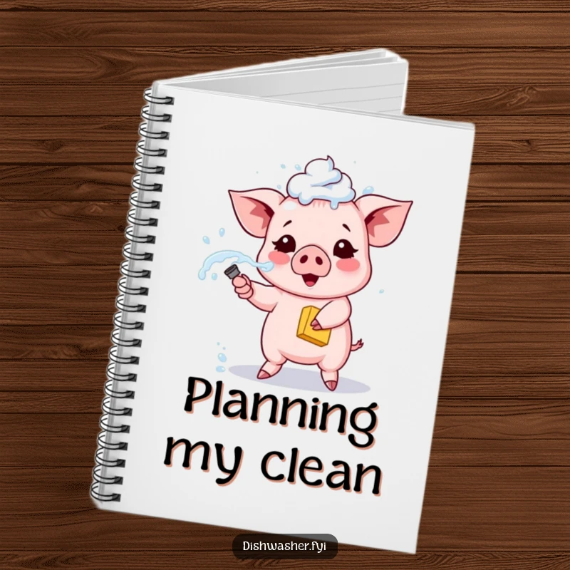 Funny piglet notebook, showing a cute piglet spraying soapy water from a sponge, humorous stationery for jotting down thoughts.