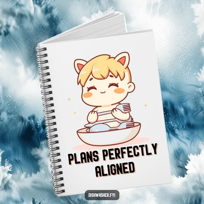 Funny notebook with a content character neatly stacking clean cutlery. Ideal for jotting down organized thoughts.