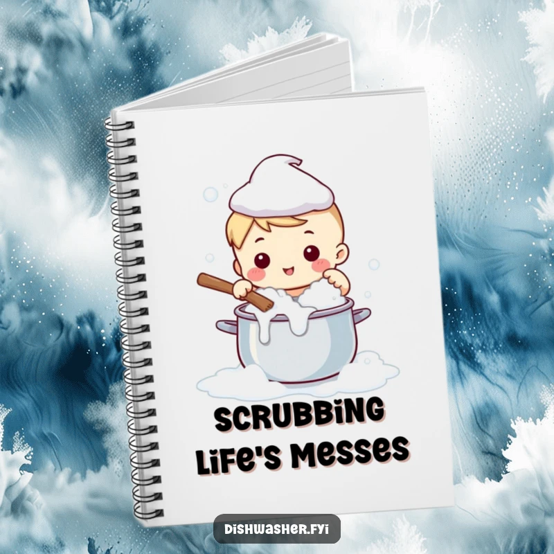 Funny notebook cover shows a cute character gleefully scrubbing a large pot with soapy bubbles, ideal for humorous note-taking.