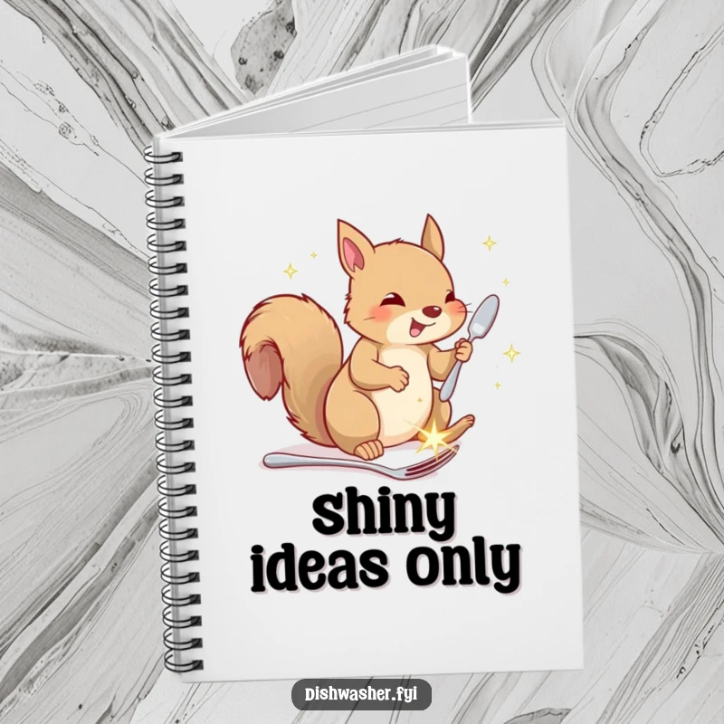 Funny squirrel notebook, showing a happy squirrel putting away sparkling cutlery, humorous stationery for jotting down ideas.