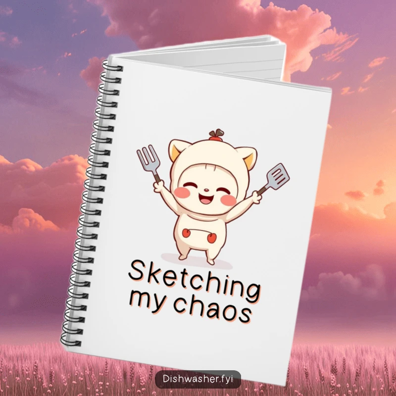 Funny notebook featuring a mischievous character with a grin juggling kitchen utensils, perfect for jotting down playful notes.