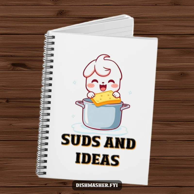 Funny notebook cover showing a character gleefully scrubbing a pot with a bubbly sponge, inspiring clean thoughts and creativity.