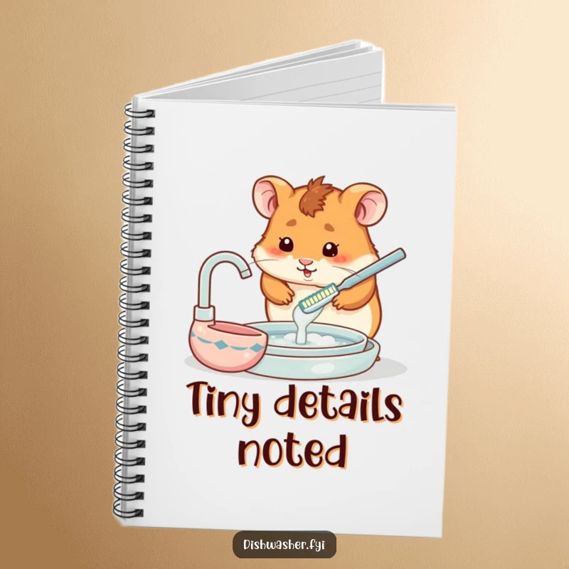 Funny notebook designed with a hamster using a tiny toothbrush to wash dishes, perfect for note-taking and doodling.