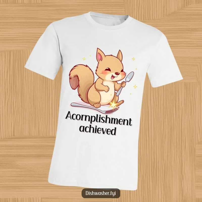 Funny squirrel t-shirt, depicting a happy squirrel meticulously organizing sparkling cutlery, humorous apparel for nature lovers.