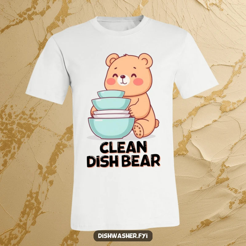 Funny t-shirt with a whimsical bear smiling at a neat stack of freshly washed dishes, celebrating cleanliness humorously.