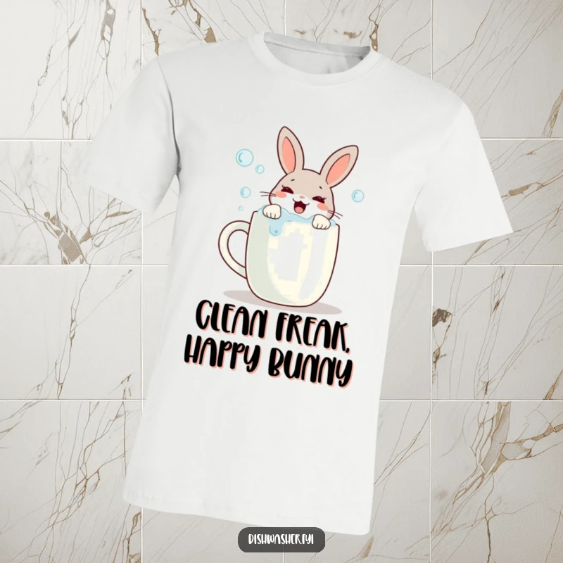 Funny t-shirt featuring a joyful rabbit meticulously scrubbing bubbles off a mug, conveying a humorous appreciation for clean drinkware.