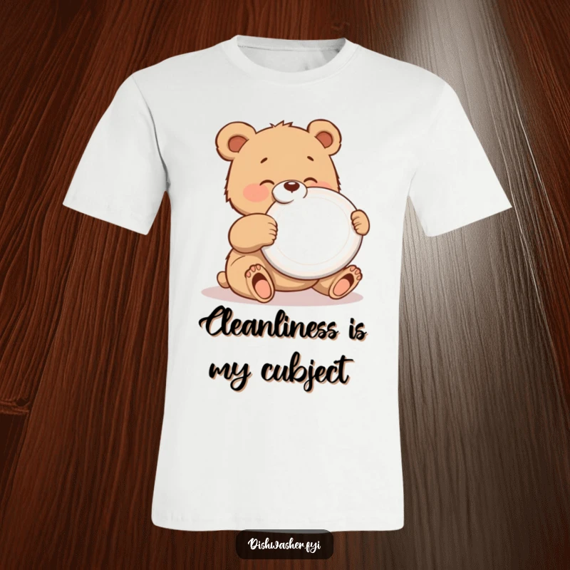 Funny t-shirt featuring a gleeful bear cub meticulously polishing a shiny plate, conveying a humorous appreciation for cleanliness.