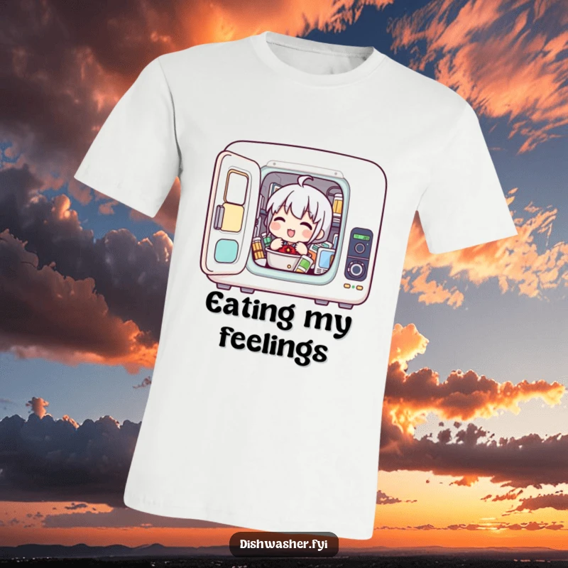Funny t-shirt depicting a character actively loading items into a small appliance chamber with great excitement, showcasing a love for gadgets.