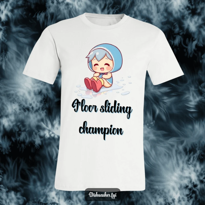Funny T-shirt: a playful character gleefully sliding across a wet floor in rubber boots, capturing a moment of pure fun.