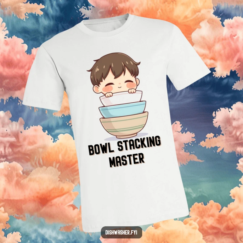 Funny Bowl Master T-Shirt depicting a contented character admiring a perfectly stacked pile of clean bowls, a humorous apparel for neatness.