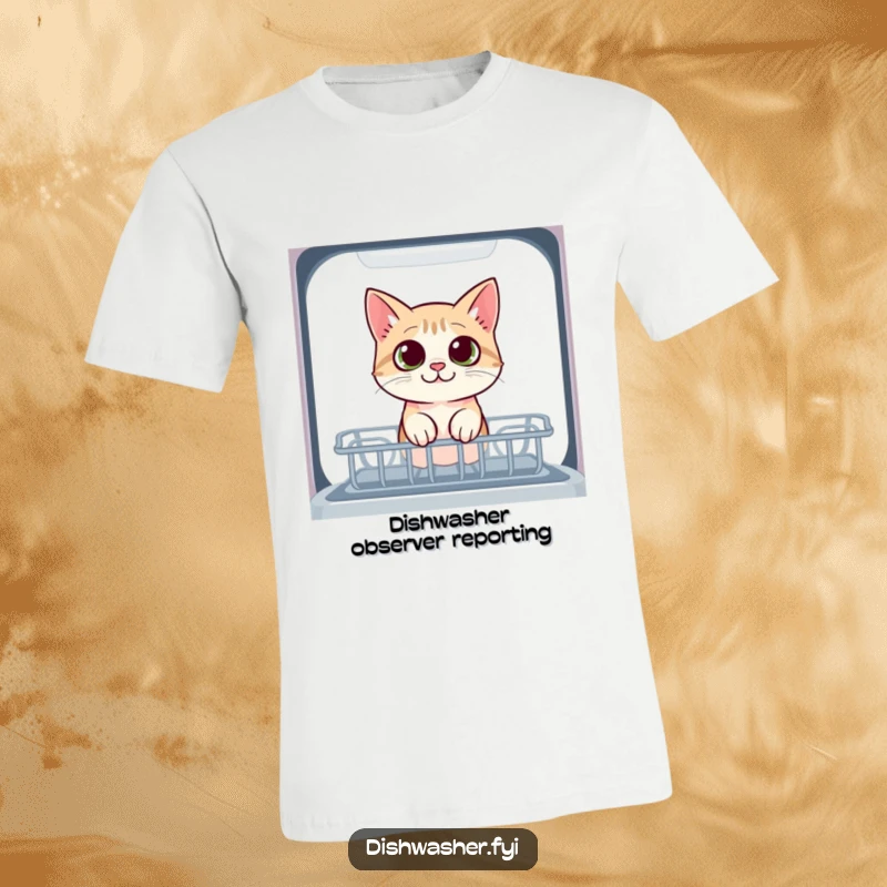 Funny t-shirt with a curious cat peeking into the dishwasher with wide eyes, showcasing a moment of intense feline interest and humor.