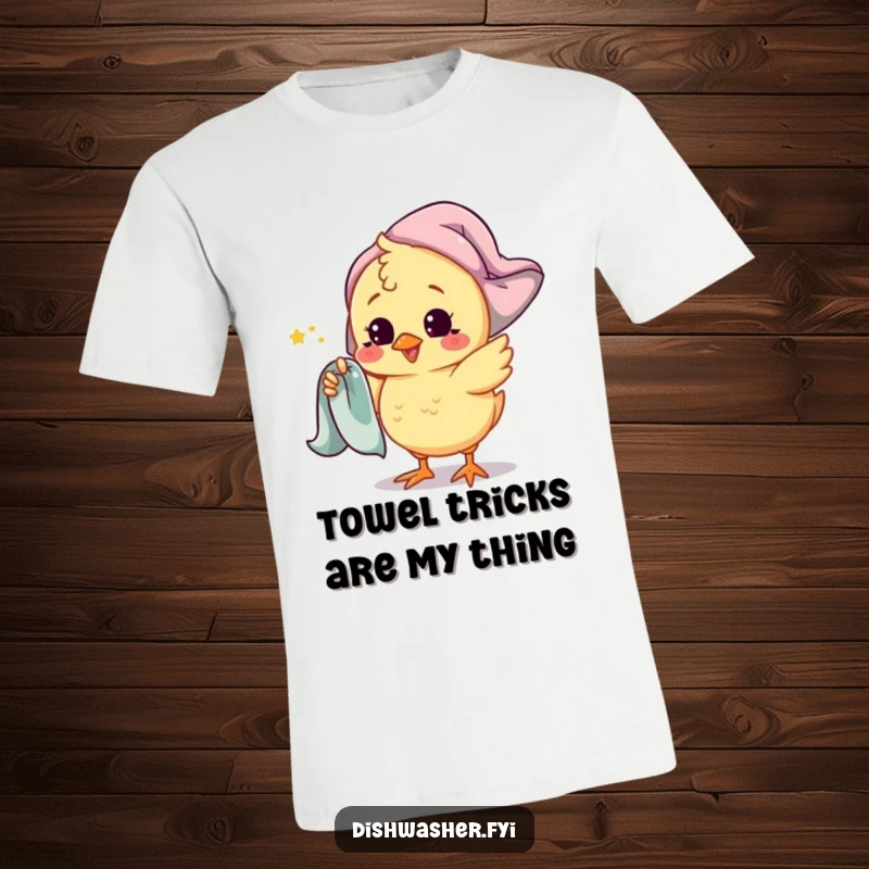 Funny t-shirt with a playful chick character spinning a drying towel around its finger, showcasing a fun and energetic bird design.