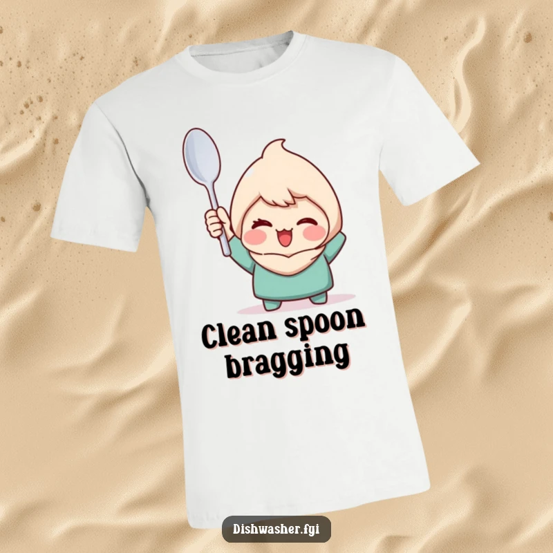 Funny t-shirt featuring a character triumphantly holding a perfectly clean spoon with a wink, highlighting a sense of accomplishment.
