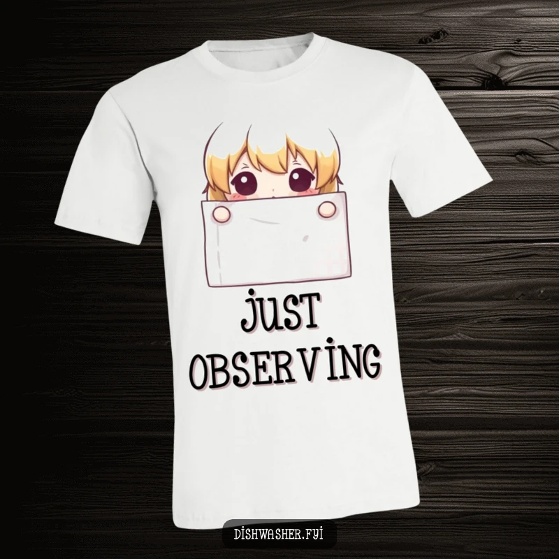 Funny curious character peeking out from behind a clean napkin in a fun t-shirt design, full of mischief.