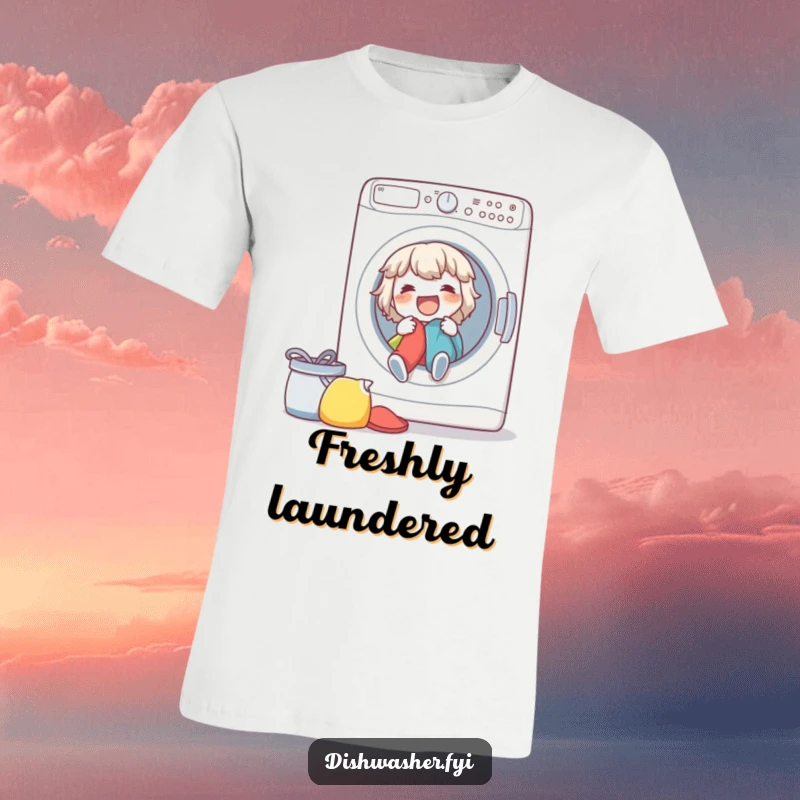 Funny spirited character gleefully loading a washing machine with laundry in a fun t-shirt design.