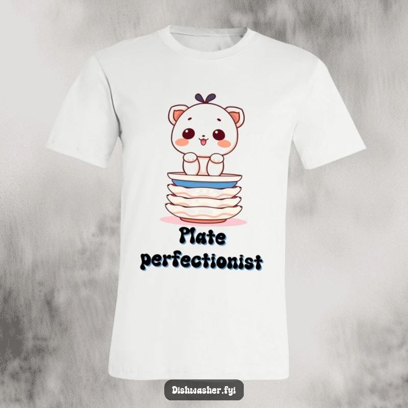 Funny t-shirt depicting a determined character precisely stacking clean plates with a cheerful expression, highlighting organizational skills.