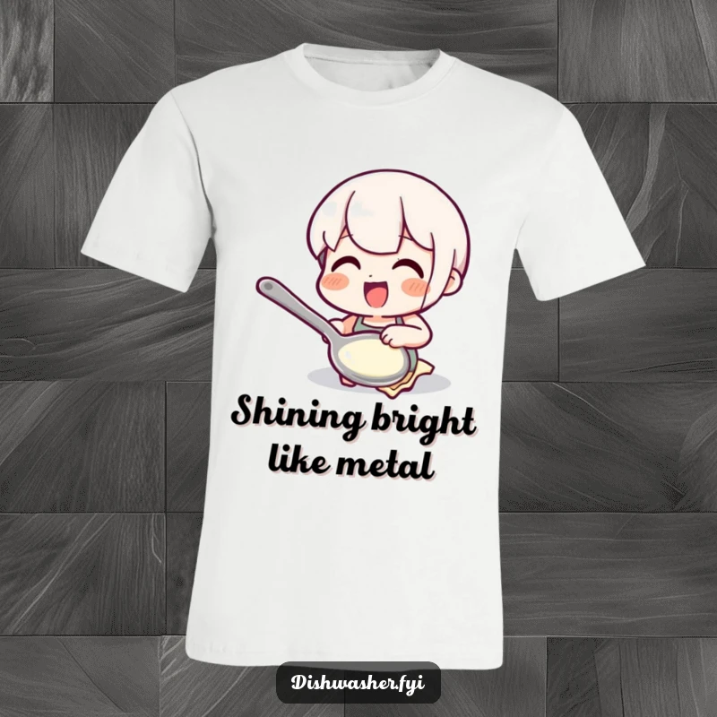 Funny polishing spoon t-shirt with a delighted character making a spoon gleam, symbolizing meticulousness and a cheerful sense of accomplishment.