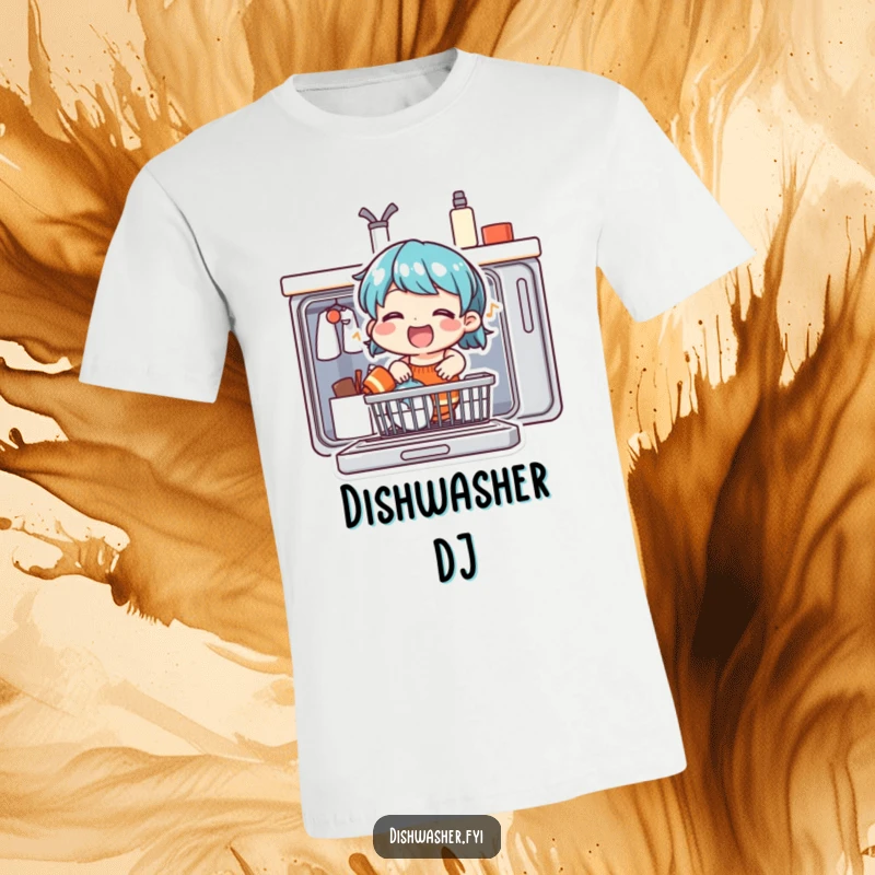Funny t-shirt depicting a cheerful character with a big smile, singing joyfully while loading a dishwasher, ideal for music lovers.